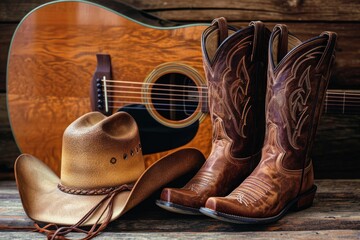 Cowboy gear including boots hat and guitar - obrazy, fototapety, plakaty