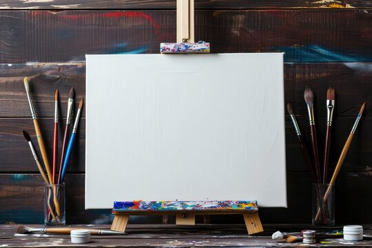 Children s painting materials on table near wooden wall