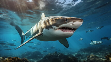 Obraz premium White shark open toothy dangerous mouth with many teeth.Clear water shark swims. Generated AI