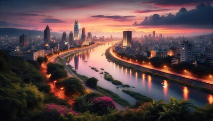 Fototapeta na wymiar Twilight Fusion: Cityscape and Sunset