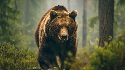 One endangered and dangerous large furry brown grizzly bear or ursus, powerful mammal predator animal walking outdoors in forest wildlife, natural habitat, no people, surrounded by trees