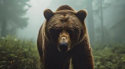 One endangered and dangerous large furry brown grizzly bear or ursus, powerful mammal predator animal walking outdoors in forest wildlife, natural habitat, no people, surrounded by trees