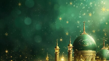 ramadan banner with copy space, golden stars and mosque on green background with space for text