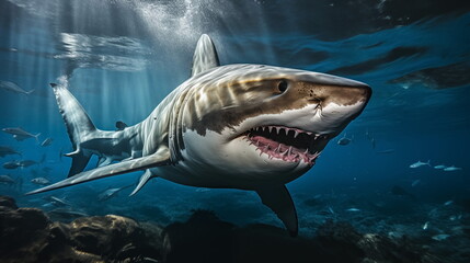 Fototapeta premium White shark open toothy dangerous mouth with many teeth.Clear water shark swims. Generated AI