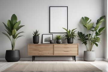 Fototapeta premium modern scandinavian home interior with design wooden commode, plants in black pots, gray sofa, books and personal accessories