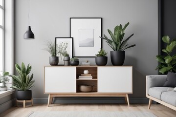 modern scandinavian home interior with design wooden commode, plants in black pots, gray sofa, books and personal accessories