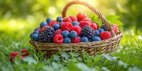 Sunny day, fresh berry fruits in wicker basket in grass