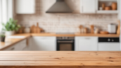 Fototapeta na wymiar a wooden table top in a kitchen with white cabinets and a stove top oven in the background with a potted plant on the counter, a tilt shift photo, postminimalism,.