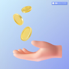 3d hand and Gold Coin Icons Set symbol. Rotating Empty Golden Money Sign. Income, Savings, Investment, Wealth. Business Success concept. 3D vector isolated illustration, Cartoon pastel Minimal style.