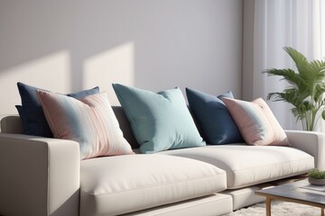 Pillows on comfortable sofa in bright living room interior