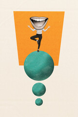 Vertical creative collage standing person meditation one leg balancing headless caricature huge...