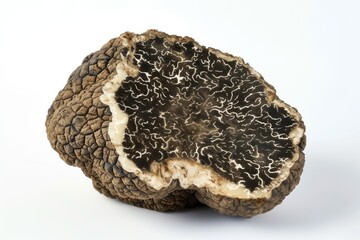 Black truffle cross section on white backdrop
