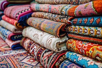 Assorted stunning oriental carpets at a traditional Middle Eastern store Array of handmade vibrant carpets in Middle Eastern market Close up of colorful carpets - obrazy, fototapety, plakaty