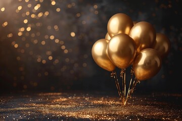 A group of shimmering gold spheres float in the air, their light reflecting off each other like tiny suns, bringing a sense of whimsy and celebration to the room - obrazy, fototapety, plakaty