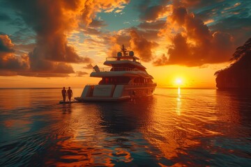 As the sun sets over the serene lake, a couple stands on their boat, surrounded by the vast expanse of water and the soft clouds in the sky, basking in the peacefulness of their outdoor transport and