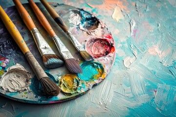 Brushes on a blue pastel surface with an art palette