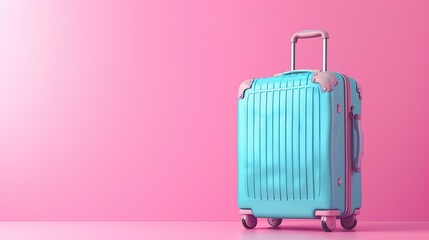 Close-up stylish suitcases on pink background. Image with copy space for text.