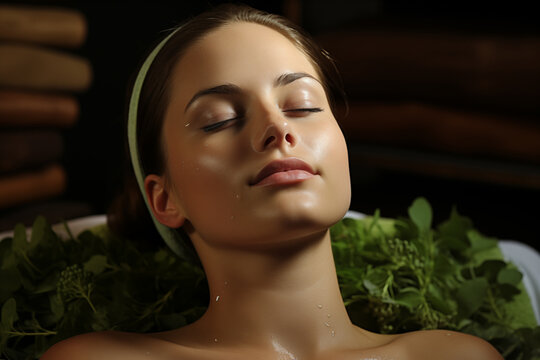 A woman lies bathed in tranquility, surrounded by lush herbs, capturing a moment of serene herbal beauty.