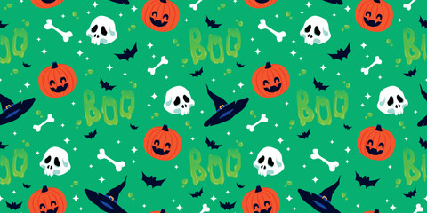 Seamless pattern for Halloween. Vector green texture for wrap paper. Halloween's seamless pattern includes skulls, hats, bones, pumpkins, bats, and sparkles.