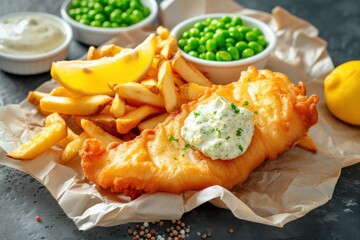 British fish and chips with mashed peas tartar sauce on crumpled paper