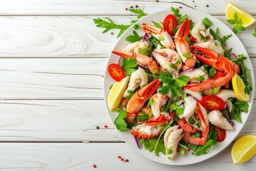 Delicious crab stick salad on white table for text