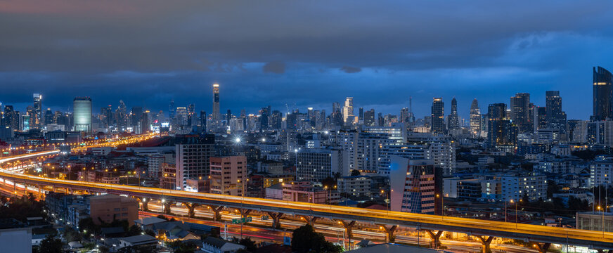 Aerial view of Night Bangkok metropolis in Thailand , cityscape background	