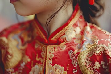 Women's tang suit. Focus on Tangzhuang's mandarin collar. Chinese New Year.