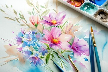 Nature themed hand drawn flower watercolor with plate and brush