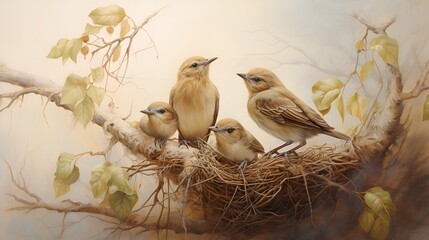 Tranquil Nesting: Serene Painting of Birds in a Springtime Nest
