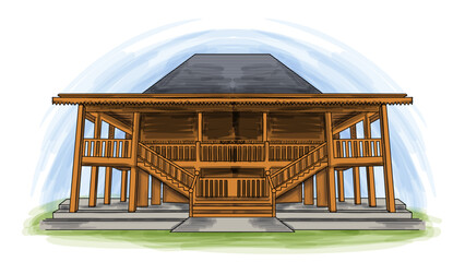 Rumah Limas Traditional South Sumatera Indonesia House Cartoon Hand Drawn Illustration