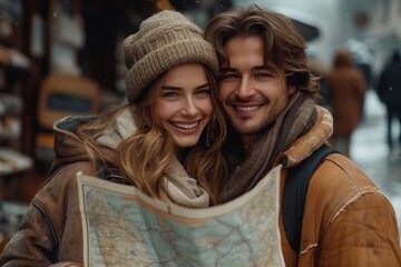 Amidst the chilly winter landscape, a couple's warm smiles shine through as they plan their next adventure with a map in hand, bundled up in stylish scarves and jackets