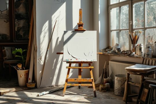 Artist s studio with wooden easel canvas chair and supplies
