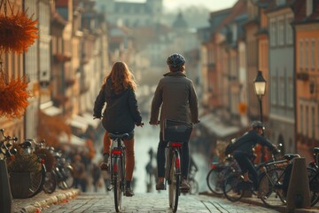 Two cyclists cruise through the bustling city streets, their wheels spinning in perfect harmony with the urban landscape as they embrace the freedom and thrill of cycling