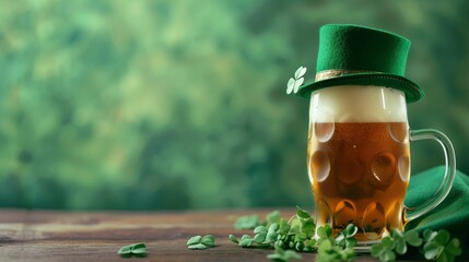 Glass of delicious beer with green leprechaun hat, st. patrick's day celebration