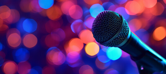 Microphone, close up. Microphone, close up shot, neon blue color palette. Microphone on blurred club background with copy space. Banner template for karaoke club.