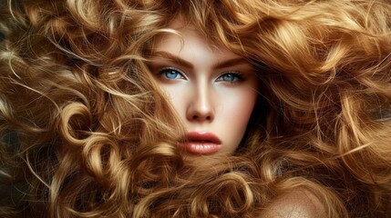 Fototapeta premium Young woman with luxuriant hair in fashion editorial style. Hair blowing in the wind. Trendy hair style