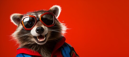 Close up portrait of a raccoon in a superman costume wearing glasses - obrazy, fototapety, plakaty
