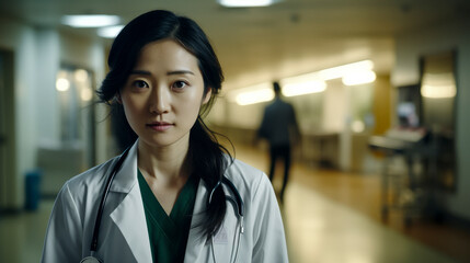 Fototapeta premium portrait of a female chinese doctor with stethoscope at hospital with blurred background - medicine and healthcare concept