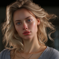 Fototapeta premium Photographic portrait of a smiling blonde woman, photo of a beautiful woman, young blonde woman, female model, Russian woman.