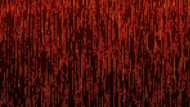 A background of rows of small squares changing color, moving chaotically. Pixel graphics, moving square. Background of glowing squares. Bright abstract mosaic red background with gloss. 4k animation.