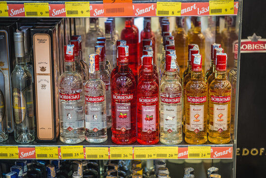 Zugdidi, Georgia - July 23, 2015: Polish Sobieski vodka n Zugdidi city, Samegrelo province