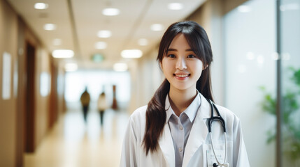 Obraz premium portrait of a smiling female chinese doctor with stethoscope at hospital with blurred background - medicine and healthcare concept