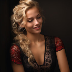 Photographic portrait of a smiling blonde woman, photo of a beautiful woman, young blonde woman, female model, Russian woman.