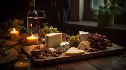 Obraz na płótnie Canvas Rustic Elegance: Gourmet Cheese Board with Wine by Candlelight