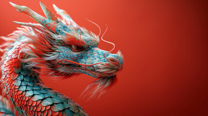 ilustración de un dragón chino en colores rojos y azules, sobre fondo rojo, concepto año nuevo chino