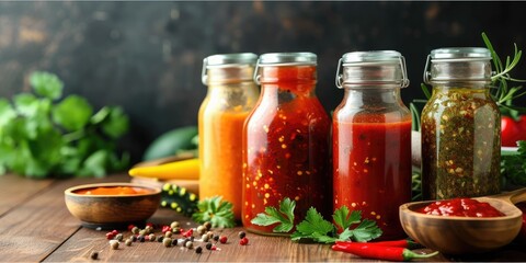 Modern kitchen with variety of spicy sauces in bottles - obrazy, fototapety, plakaty