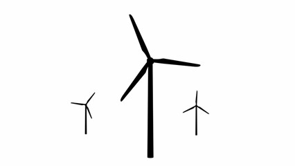 Silhouettes of windmills on a white background. Shot of many wind turbines with blades in field.