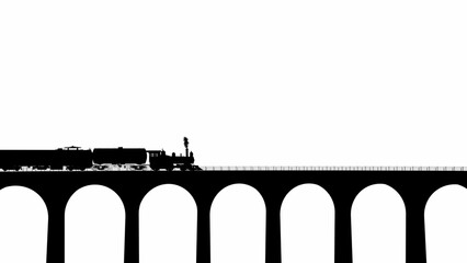 Silhouettes of freight train on the bridge on a white background. Locomotive with barrels and wagons crossing the bridge.
