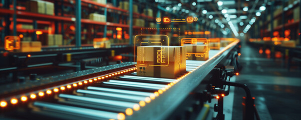 Modern Automated Warehouse Conveyor System with Glowing Lights.
Conveyor belt in warehouse with orange glowing lights.
