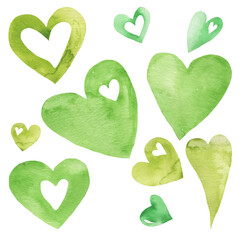 Watercolor green heart set element on white background. Beautiful decorative elements in shape of hearts isolated on white backround.Valentine day